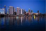 Skyscrapers and Darling Harbour at dusk in Sydney, Australia.