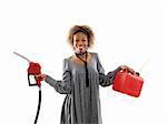 Woman holding fuel pump nozzle and gas storage container.