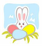 Timid rabbit with easter eggs and butterflies on a blue background.