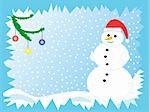 snowman with snowflakes and a pine branch decorated with ornaments