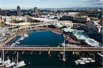 Aerial view of Pyrmont Bridge and boats in Darling Harbour, Sydney, Australia.