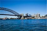 Sydney Harbour Bridge with view of downtown skyline and Sydney Opera House in Australia.