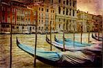 Artistic work of my own in retro style - Postcard from Italy. - Parked gondolas Grand Canal - Venice.