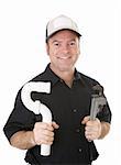 Portrait of a handsome plumber holding a pipe and a wrench.  Isolated on white.