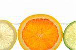 Orange lemon and lime slices in water with air bubbles on white background