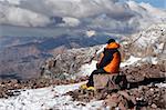 Alpine climber acclimating at camp two of Aconcagua