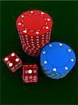 3d rendered illustration of some blue and red jetons and two red dice