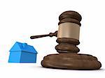 3d rendered illustration of a brown gavel and a blue house