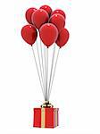3d rendered illustration of flying red balloons with a present