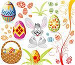 Easter set with ornament eggs, rabbit, crib, grass, element for design, vector illustration