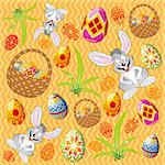 Easter pattern with ornament eggs, rabbit, basket, grass, element for design, vector illustration
