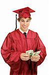 Handsome graduate counting a stack of money.  Isolated on white.