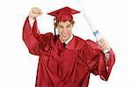 Handsome enthusiastic young graduate holding his diploma.  Isolated on white.