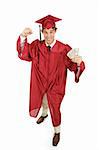 Enthusiastic graduate with money for his future.  Full body isolated on white.