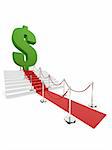 3d rendered illustration of a stair with a red carpet and a green dollar sign