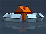 3d rendered illustration of blue and orange simple houses
