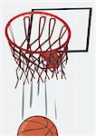 A basketball is coming down through net