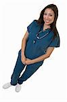 Full body of an attractive young brunette Hispanic woman health care worker standing with a smiling friendly expression