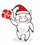 Stylized Christmas pig and gift box on  a white background. Digital illustration.