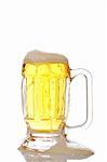 A mug of beer overflowing, reflected on white background