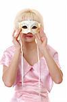 woman in pink dress with venetian carnival mask, white background