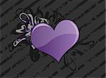 Graphic illustration of a dark grungy striped background with purple heart against lighter curly swirls.