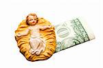 Commercialism vs Christmas, the Christ child and one dollar bills.