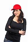 Smiling casual woman with a red cap on white background