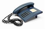 Dark blue telephone. White background.