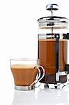 A cup and coffee pot, reflected on white background