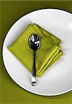 A modern restaurant place setting in green