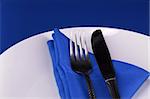 An elegant dinner table set in blue