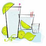 Retro-stylized cocktail spot illustration: Vodka or Gin & Tonic with lime twist