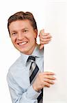 Smiling business man holding a white board , add your text or image