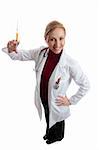 Professional doctor or veterinarian  holding a  syringe needle and smiling cheerfully.  She is standing on a white background.