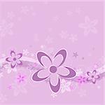 Graphic illustration of grungy abstract flowers in pink, white, and purple, with swoops against a lavender colored background.