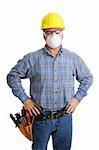 Construction worker with his tools and safety gear, including hardhat, goggles, and dust mask.  All equipment is depicted in accordance with industry safety standards.