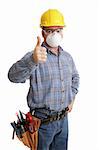 Construction worker giving thumbsup sign, with his tools and safety equipment including hardhat, protective goggles, and dust mask. All content  is accurate and depicted according to industry saftely regulations.