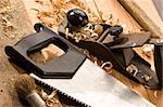 set of carpenters tool on tne wood and shavings