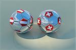 Two reflecting balls with flags of Austria and Switzerland, 3D rendering with reflections and blue sky with clouds