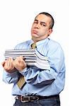Busy business man carrying stacked files over a white background
