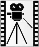 black and white filmstrip with movie camera background
