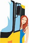 Illustration of a lady alighting from a bus