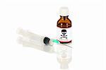 injection and poison bottle on white background