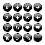 Web Icon set 2  (16 black buttons: up, down, left, right, diagonal, back up, back, arrows, clouds, shopping card, wheelchair, attachment, blank)