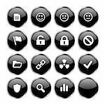 Web icon set 3  (16 black buttons: document, smiley, sad face, neutral face, flag, unlocked, locked, prohibited, folder, link, radioactive, ok, shield, search, poll, blank)