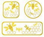 Three stylized honey frames with honeycomb and bees.