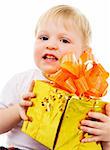 Happy child with gift box on white background
