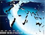 financial; world map, digits, arrows, waves