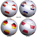 Four soccer-balls with flags of the countries in Group B in the European championship. Hi-res 3D render with clipping path.